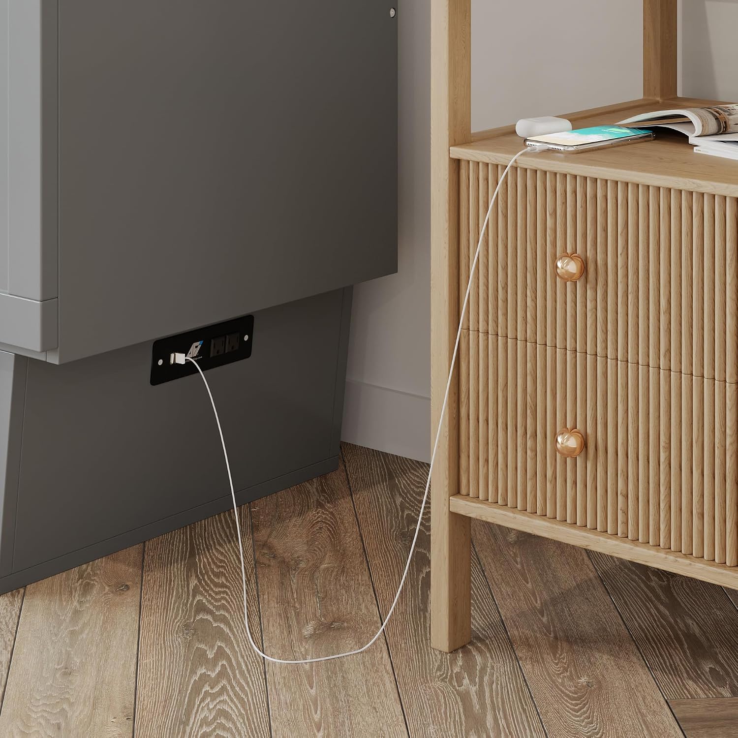 AFI, Monroe Full Murphy Bed Chest with 6" Mattress, Storage Drawer & Built-in USB Charger, Grey