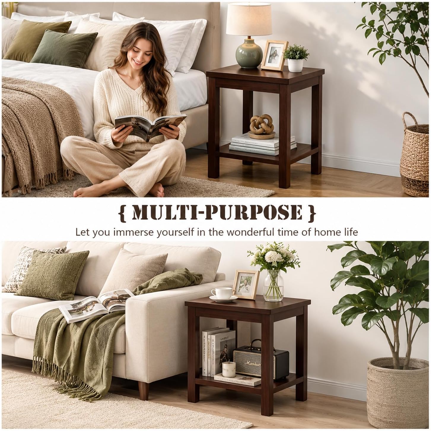 YUNMUARIY-Living Room Side Table,Walnut End Tables,Wood Side Table,Small Square Table for Small Space,13.77 Inches Wide Farmhouse End Tables for Hallway,Bedroom,Corners,Easy Assembly.