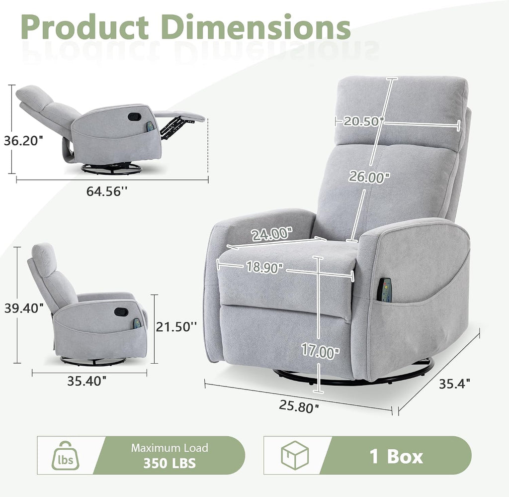 Heated Massage Swivel Rocker Recliner Chair for Nursery - Small Space Reclining Chair with Lumbar Support, 360° Swivel & Gentle Rocking, Ergonomic High Back Short Plush Light Grey