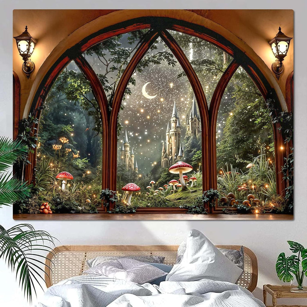 Lifeella Fantasy Castle Window Tapestry, Magic Woodland Scene Large Wall Backdrop, Fairytale Moon Mural for Bedroom Dorm Living Room Decor, 60x80 inches