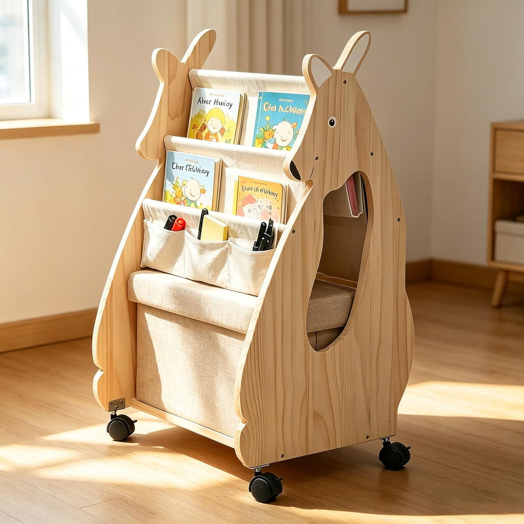 Montessori Kids Bookshelf, Double Sided Book Shelf with Safe Wheels, Large Storage Drawer & Thick Solid Pine Wood, Nursery Book Shelves for Kids Rooms, Kids Bookshelf and Toy Storage