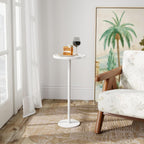 KJGKK Drink Table, 11 inch Dia., Small Pedestal Side Table, Round Cocktail Table, Circle End Table with Metal Base, for Small Spaces, Living Room, Bedroom, Faux Marble, White