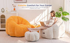 MAXYOYO Bean Bag Chair with Ottoman, Giant Pumpkin Lounge Chair for Adults | Oversized Bean Bag Chair with Footstool, Comfy and Lazy Lounge Boneless Chair for Dorm, Living Room, Bedroom, Beige