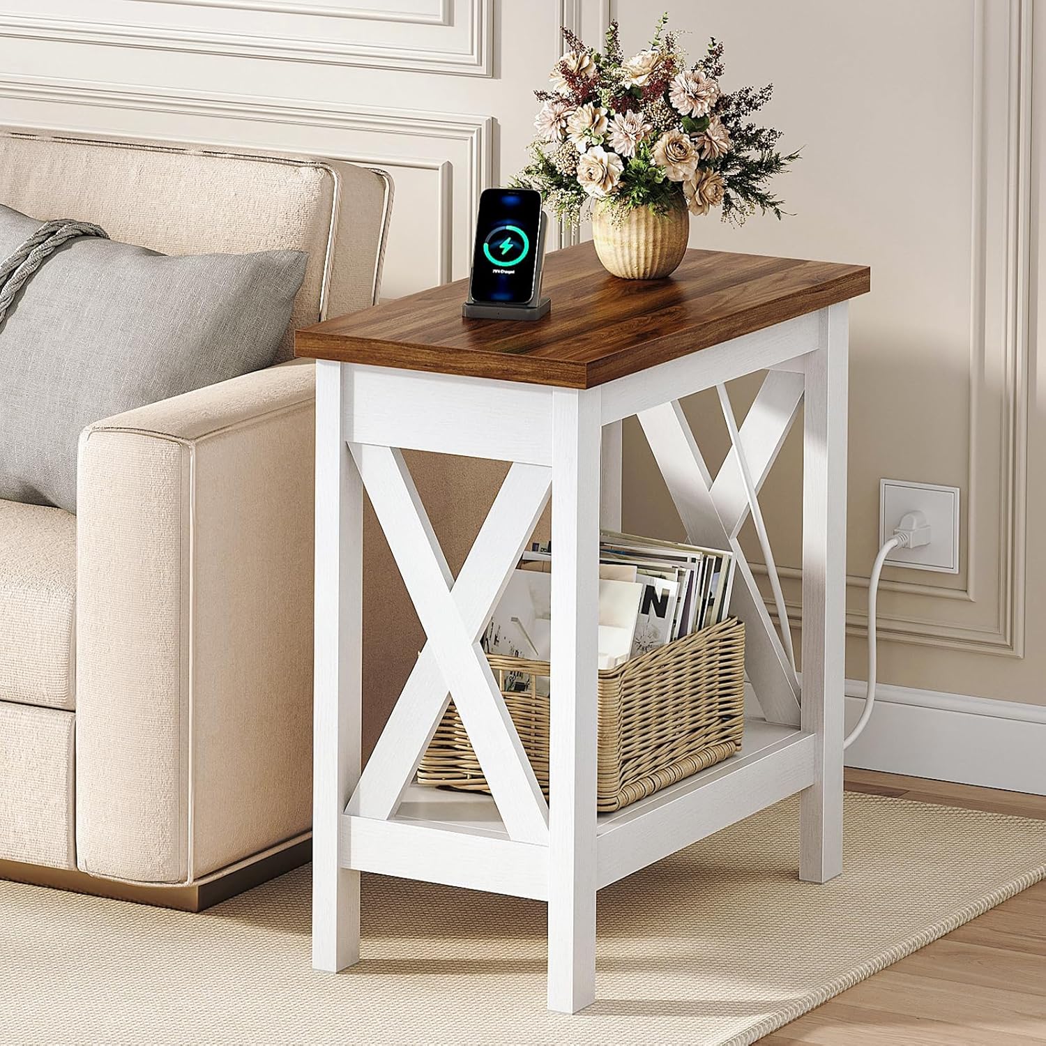 HOOBRO End Table with Charging Station, Farmhouse Narrow Side Table, 2-Tier with Storage Shelves, Slim Nightstand for Small Spaces, Living Room, Bedroom, White and Walnut WH360UBZ01