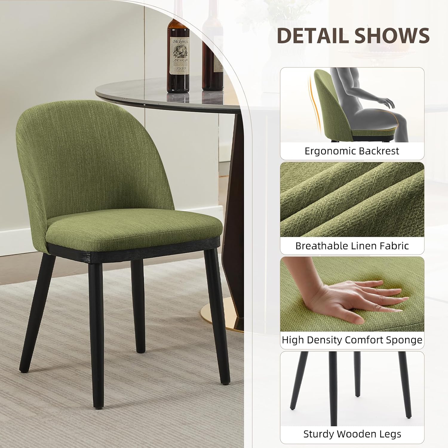 Garvee Wooden Dining Chairs Set of 4, Upholstered Kitchen Dining Room Chair, Modern Linen Fabric Farmhouse Dinner Chair with Leveling Feet/High Backrest Support for Dining Room, Living Room,Green