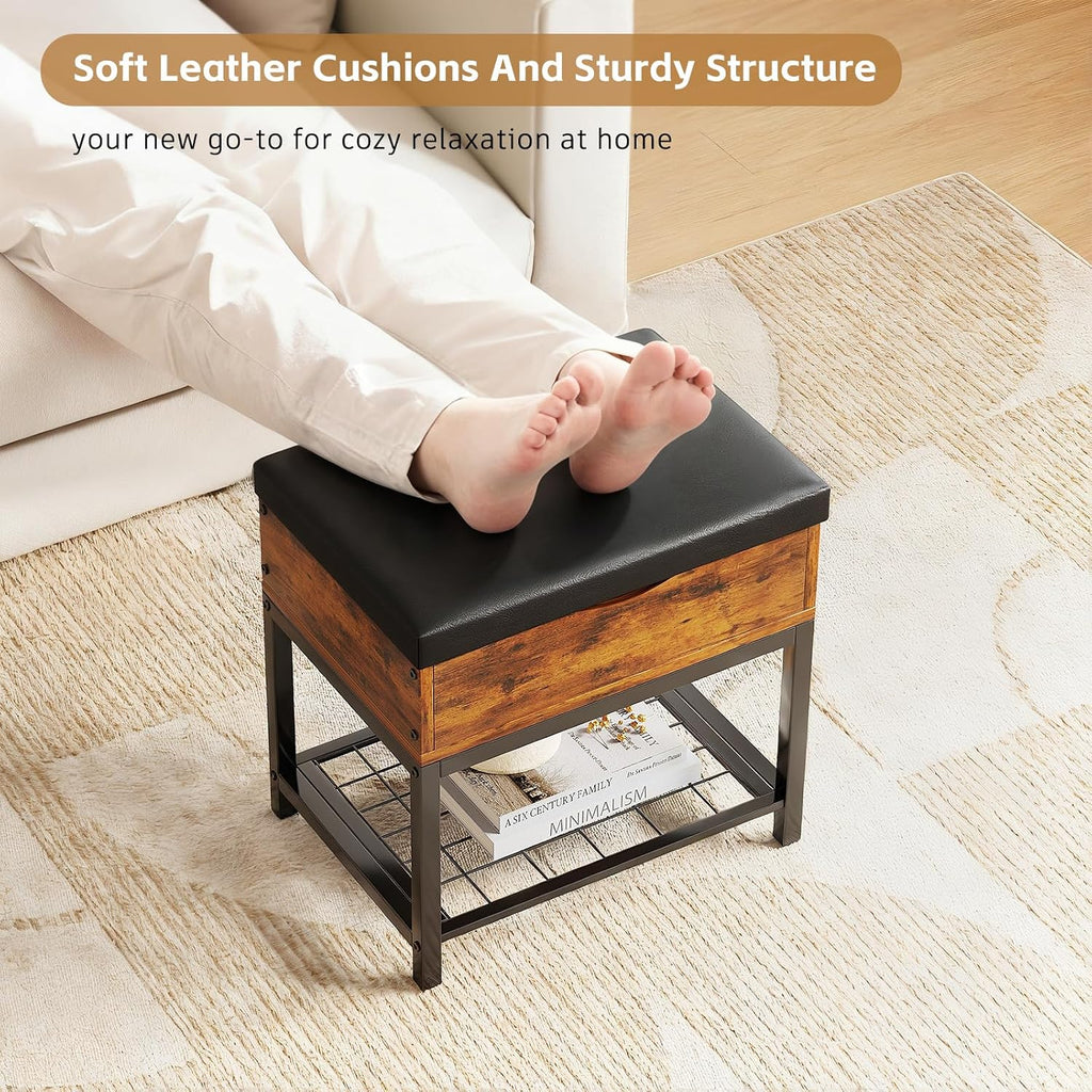 Small Shoe Storage Bench with Padded Seat, Vintage Brown Leather Top & Metal Frame Stool, Small Shoe Rack for Kids, Waterproof Durable Hallway Seat