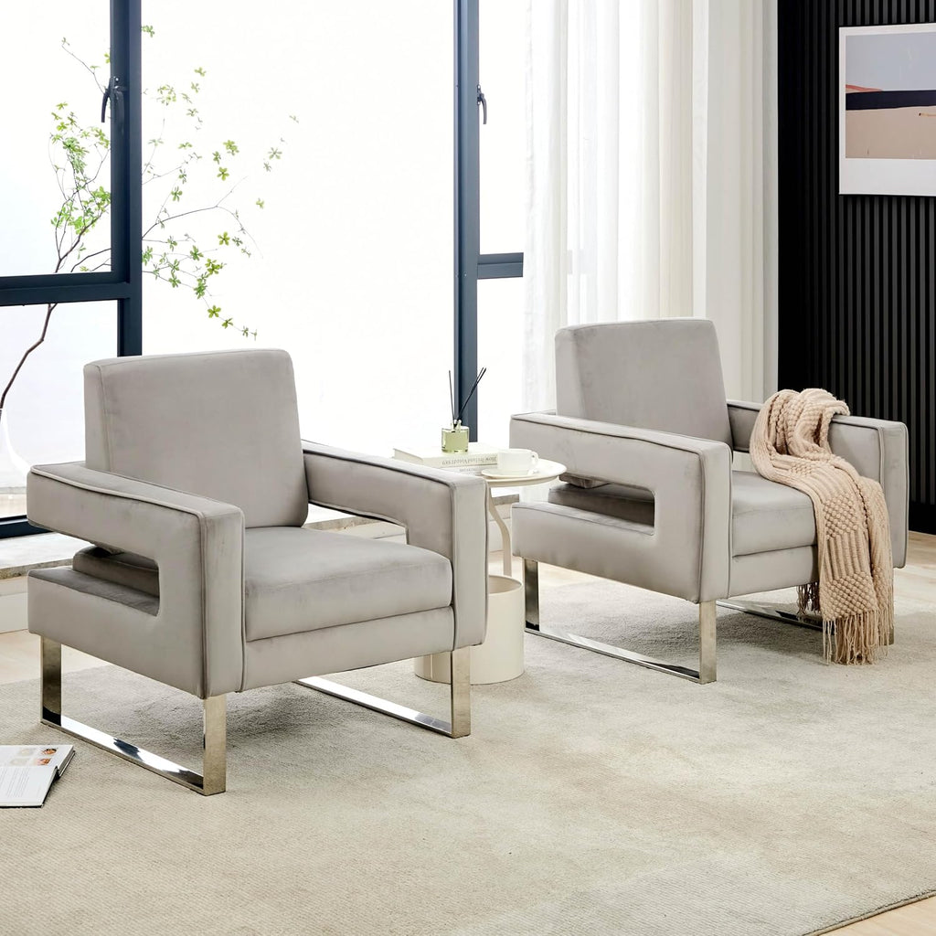 Velvet Accent Chairs Set of 2, Modern Armchair, Grey | Stainless Steel Base, Soft Velvet Upholstery, Thick Padded Seat, 350 LBS Weight Capacity, For Living Room and Home Office