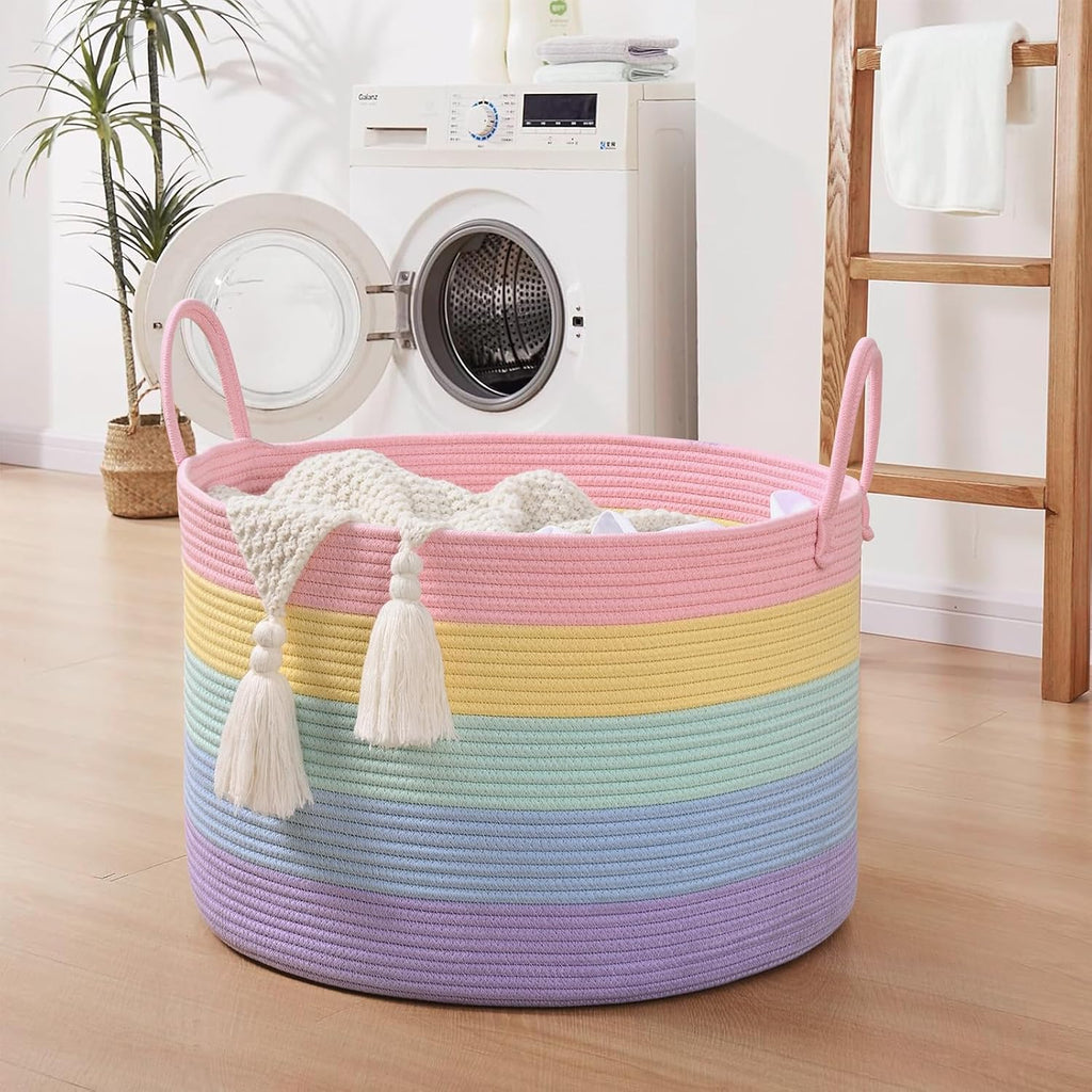 67L Large Rainbow Blanket Basket, Cotton Rope Baby Laundry Hamper with Handles, Kids Toy Basket for Classroom & Nursery, Soft Round Stuffed Animal Storage, Dog Toy Bin - 20"x13", Light Rainbow