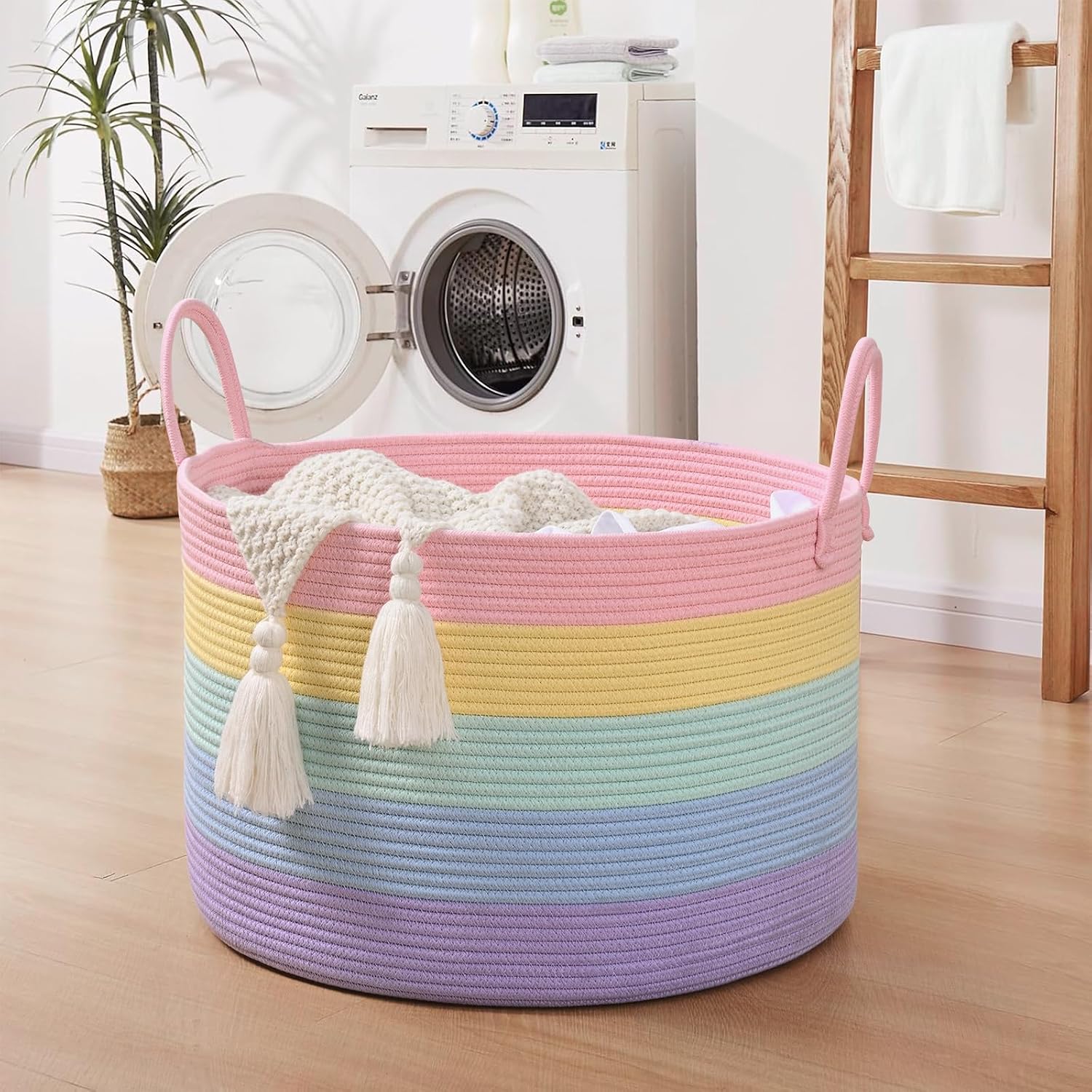 67L Large Rainbow Blanket Basket, Cotton Rope Baby Laundry Hamper with Handles, Kids Toy Basket for Classroom & Nursery, Soft Round Stuffed Animal Storage, Dog Toy Bin - 20"x13", Light Rainbow