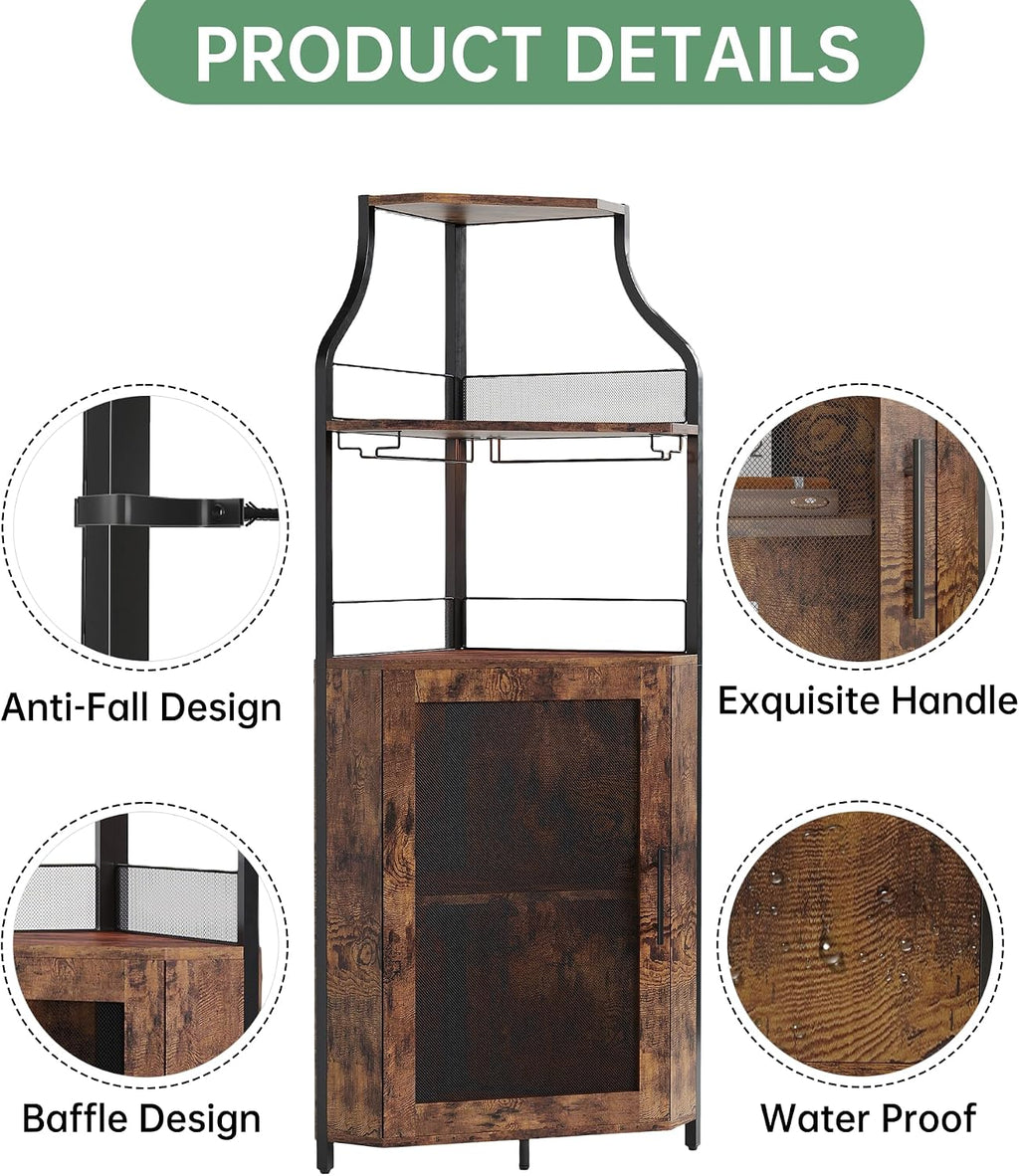 Garvee Corner Wine Rack Cabinet for Liquor Cabinet with Adjustable Shelves, 61 in Industrial Tall Bar Cabinet Freestanding with Mesh Door and Glass Holder for Kitchen, Rustic Brown
