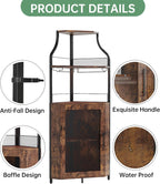 Garvee Corner Wine Rack Cabinet for Liquor Cabinet with Adjustable Shelves, 61 in Industrial Tall Bar Cabinet Freestanding with Mesh Door and Glass Holder for Kitchen, Rustic Brown