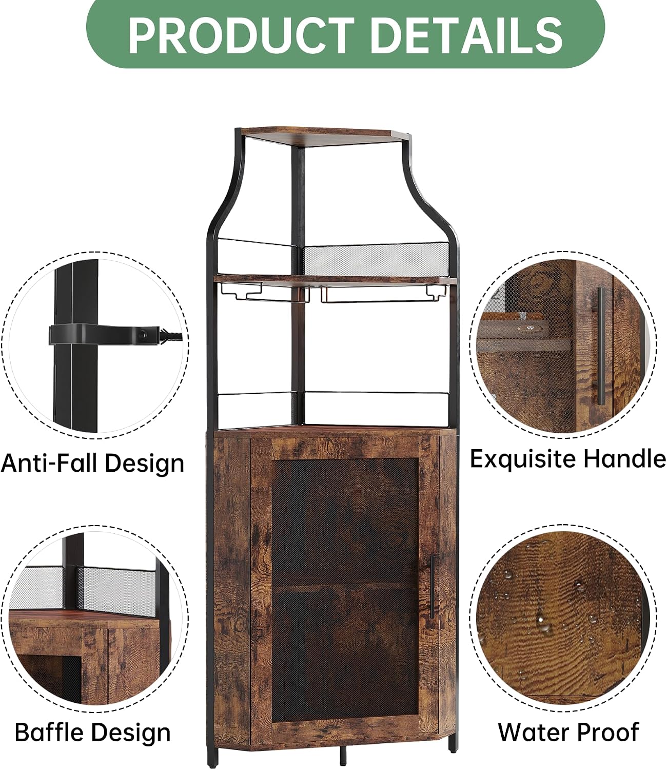 Garvee Corner Wine Rack Cabinet for Liquor Cabinet with Adjustable Shelves, 61 in Industrial Tall Bar Cabinet Freestanding with Mesh Door and Glass Holder for Kitchen, Rustic Brown