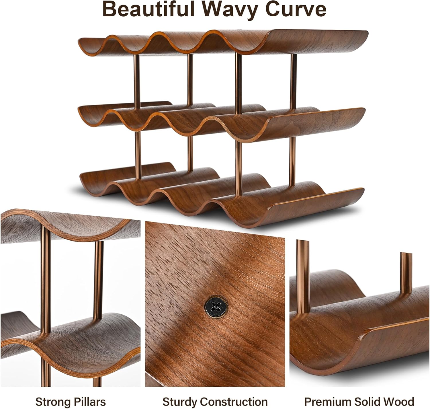 Countertop Wine Rack - 12 Bottle Freestanding Wine Bottle Holder Stand - 3 Tier Wooden Wine Storage Rack - Walnut Wavy Wine Organizer for Cabinet Pantry Home Kitchen Bar