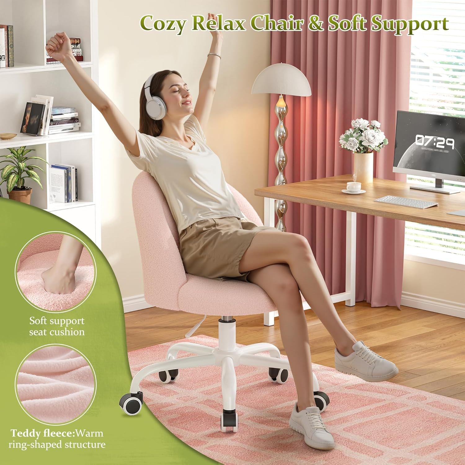DurayLoly Vanity Chair with Wheels, Cute Desk Chair with Back, Armless Chair with Height Adjustable & 360° Swivel, Soft Lumbar Support for Small Space, Bedroom, Gentle Pink