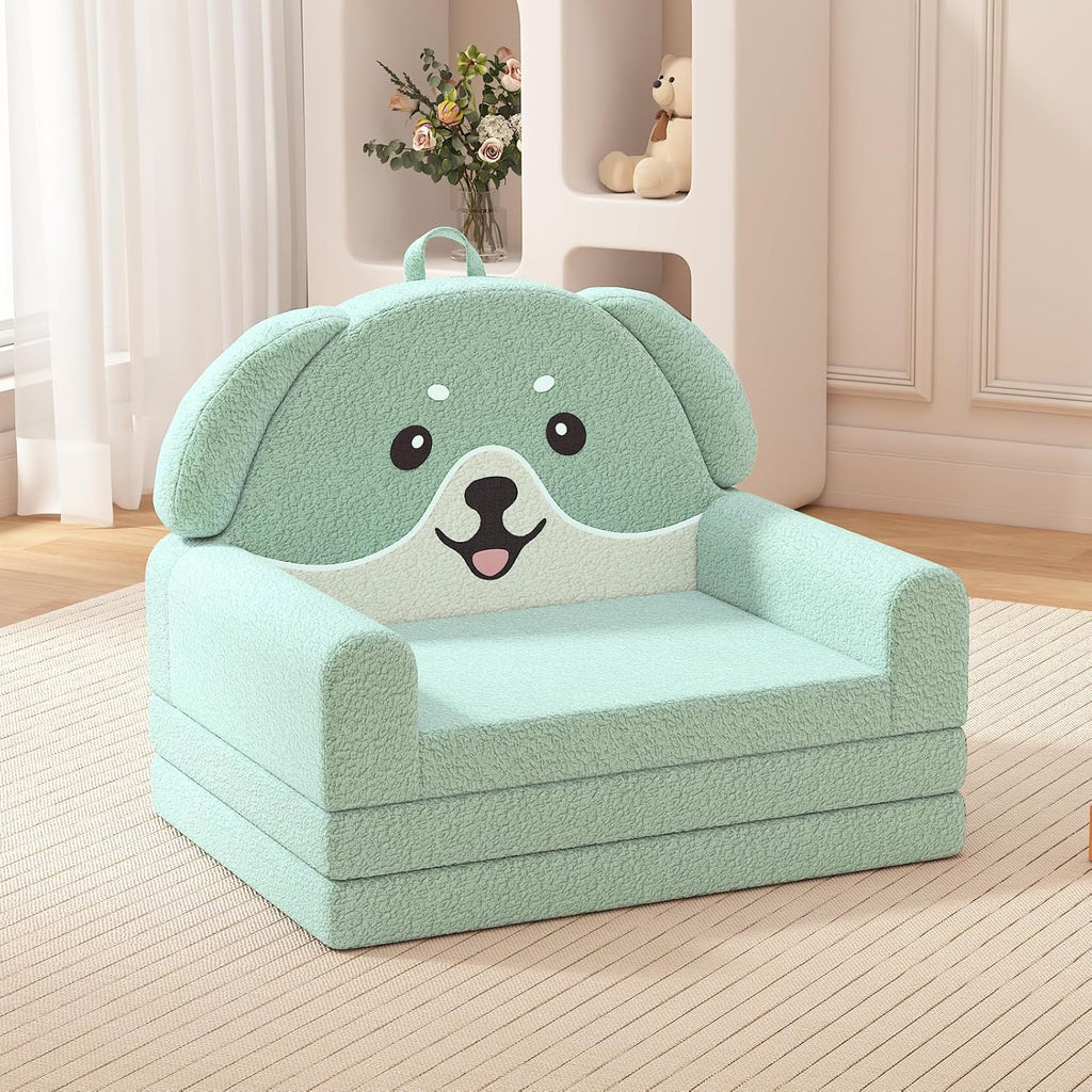 YACODAVO 2-in-1 Kids Couch, Soft Toddler Couch Fold Out for Girl and Boys, Dog Design Foldable Kids Sofa to Lounger, Convertible Kids Chairs Comfy, Gift for Birthday, Children's Day, Green
