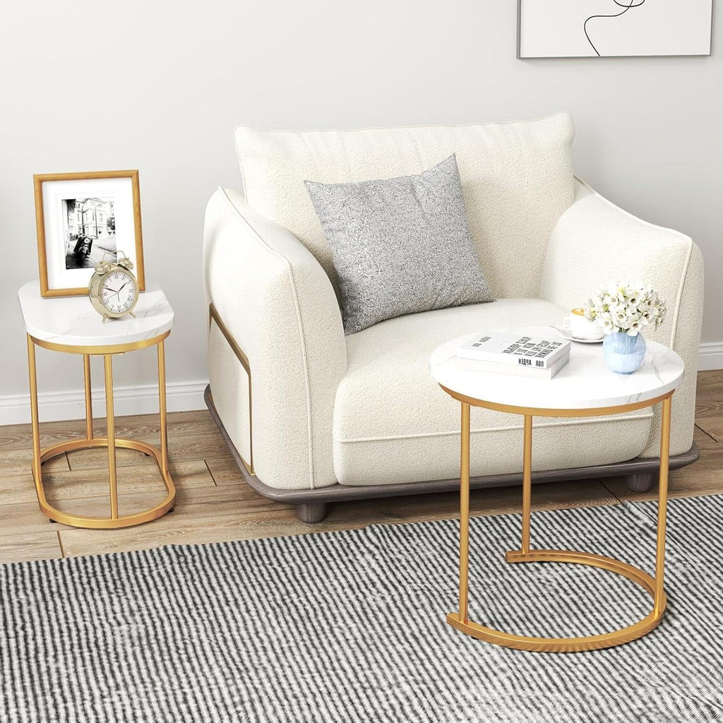 CASART Set of 2 Nesting Tables, Faux Marble Stacking Sofa Side Tables 2PCS Round Coffee Table, Wooden Top & Steel Frame, Space Saving Accent Tea Tables for Living Room Bedroom Office (Marble+Golden)