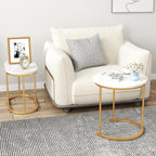 CASART Set of 2 Nesting Tables, Faux Marble Stacking Sofa Side Tables 2PCS Round Coffee Table, Wooden Top & Steel Frame, Space Saving Accent Tea Tables for Living Room Bedroom Office (Marble+Golden)