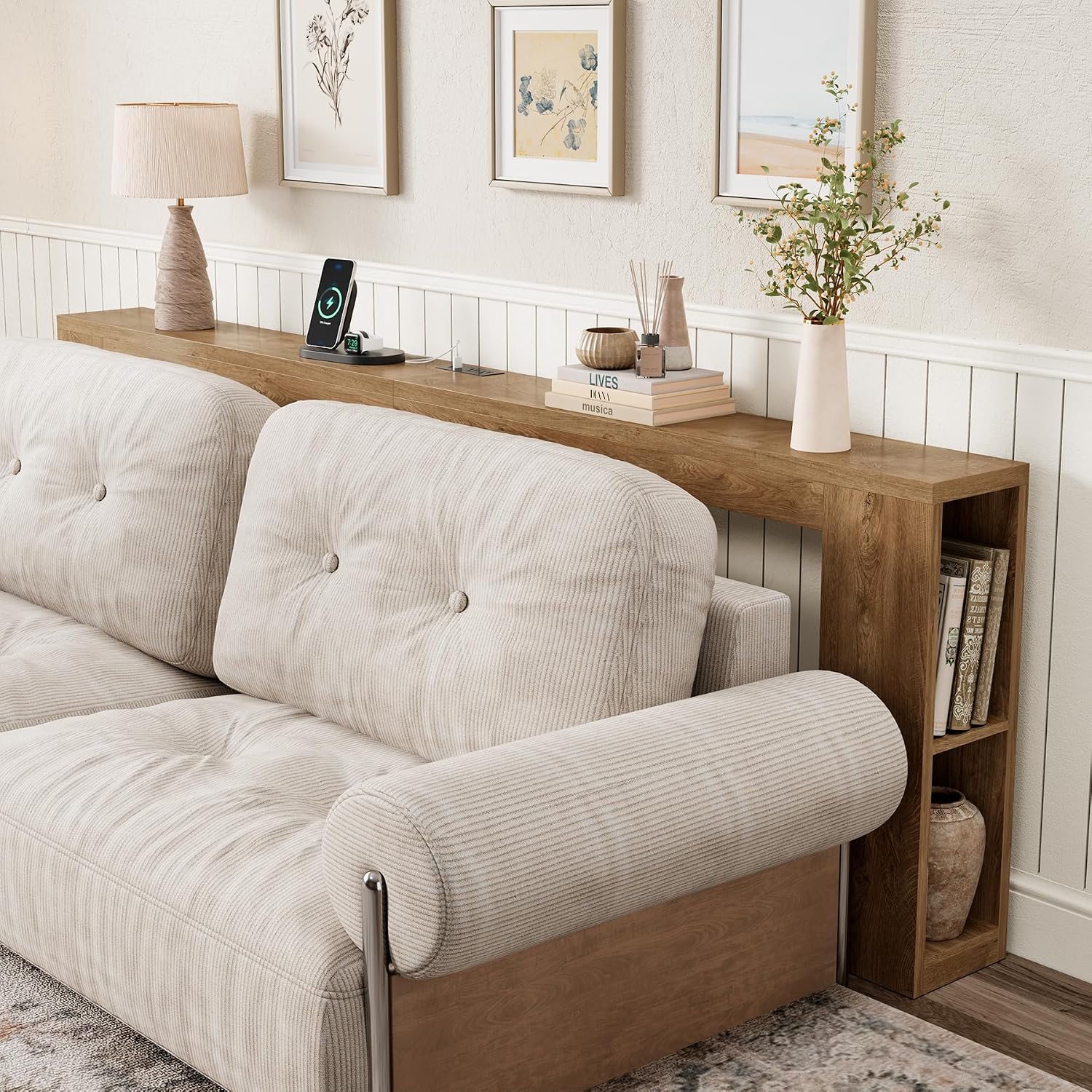 Epecoya 94.5-Inch Extra Long Console Table with USB Outlet & Storage, Narrow Sofa Behind Couch Table with Charging Station, Farmhouse Wood Entryway Table for Hallway Foyer Living Room, Oak Brown