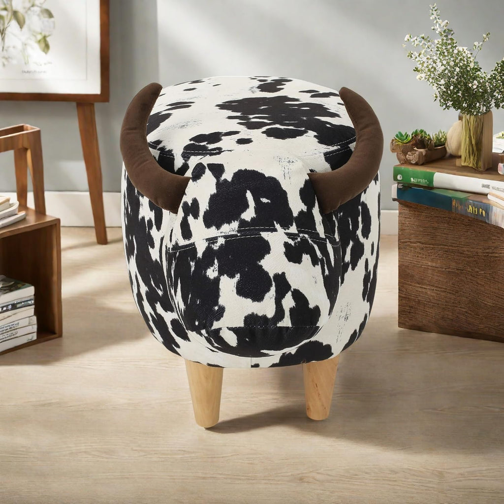 Christopher Knight Home Isana Cow-Shaped Ottoman, Cute Wood Foot Stool Shoes Changing Seat with Cushioned for Living Room, Bedroom, Playroom Porch Furniture, Black and White Velvet