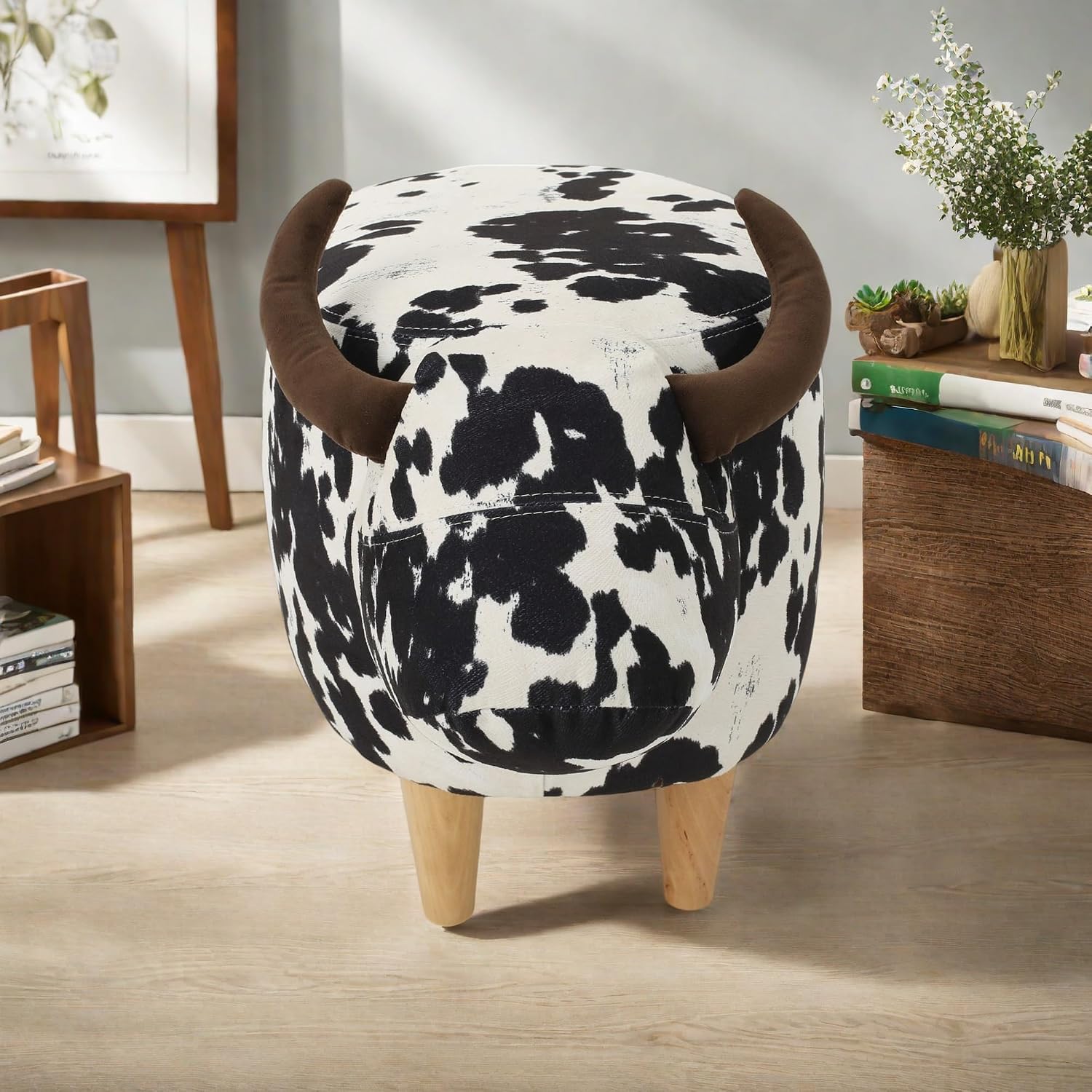 Christopher Knight Home Isana Cow-Shaped Ottoman, Cute Wood Foot Stool Shoes Changing Seat with Cushioned for Living Room, Bedroom, Playroom Porch Furniture, Black and White Velvet