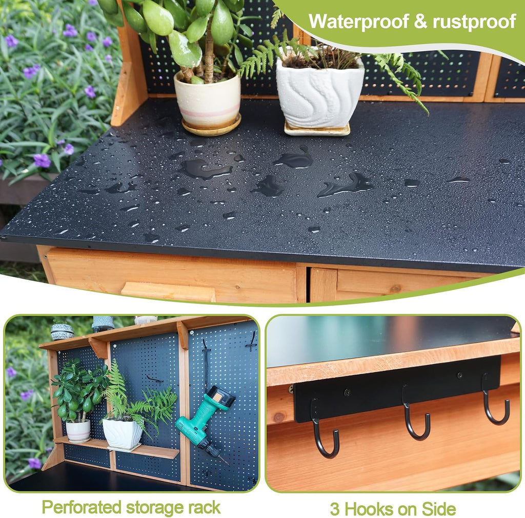 Outdoor Potting Bench, Black, 44 * 20 * 63in | Wooden with Metal Tabletop, Drawer Included, Matching Storage Cabinet, Shelf/Hooks Included