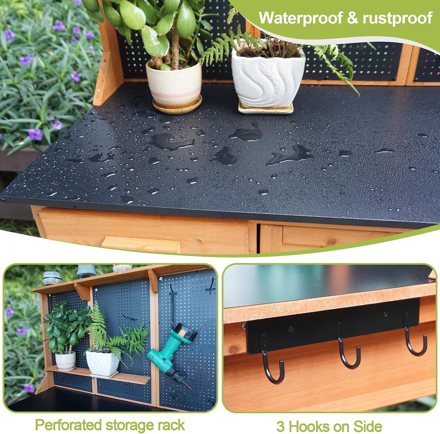 Outdoor Potting Bench, Black, 44 * 20 * 63in | Wooden with Metal Tabletop, Drawer Included, Matching Storage Cabinet, Shelf/Hooks Included
