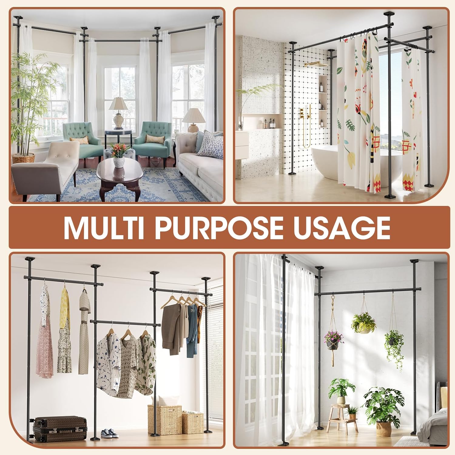 SUNALLY Room Divider Curtain Rod, No Drilling Wall Divider for Room Separation, 4-10ft(H) 28-171inch(W) Adjustable Heavy Duty Partition Space Separator Freestanding Tension Curtain Stand, Black