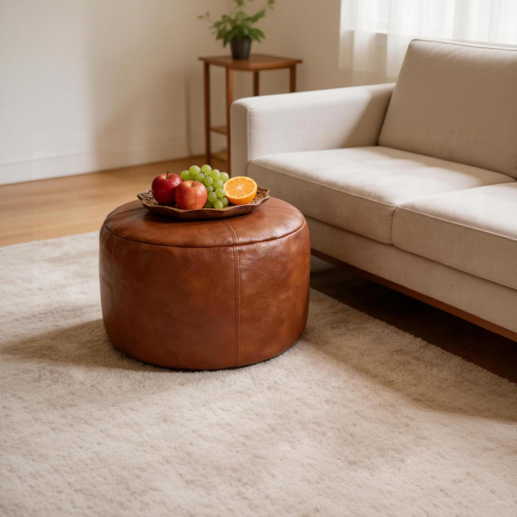 Thgonwid Unstuffed Faux Leather Pouf Cover, Handmade Footstool Ottoman Storage Solution, Floor Footrest Cushion, 16.5”Dx12”H, Amaretto