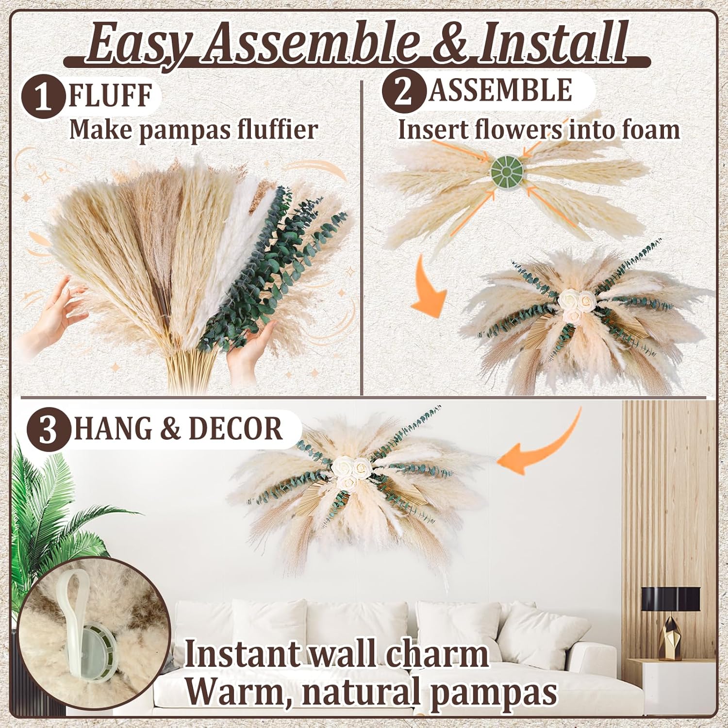 36-38" Large Pampas & Eucalyptus Wall Decor, DIY Artificial Roses & Natural Dried Boho Hanging Flowers for Wall, Mirror, Wedding Arch, Entryway Decor, Gift, Requires Assembly & Easy Install