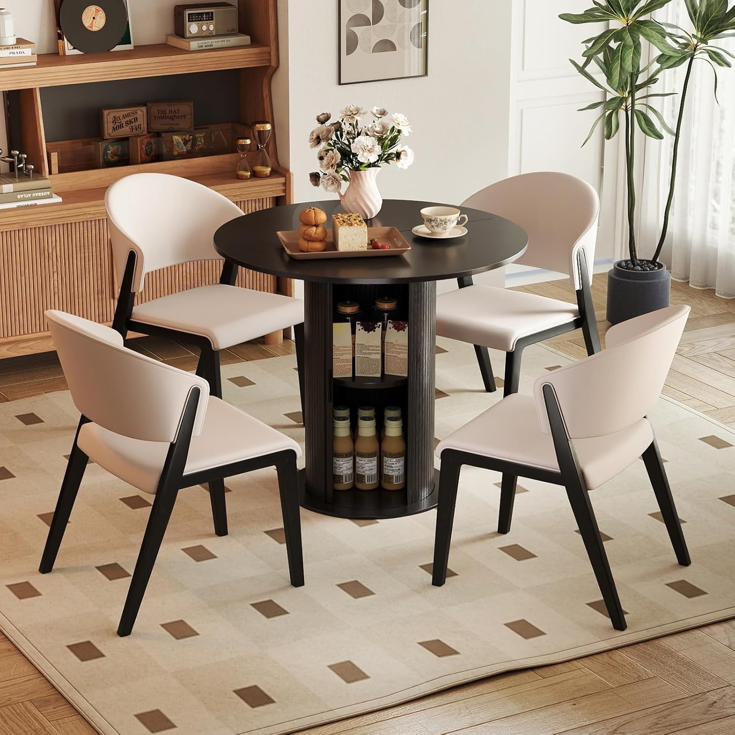 Round Dining Table with Storage,31.5" Modern Storage Kitchen Table for 2-4 People with Curved Sliding Door Fluted Wood Thickened Tabletop for Dining Room/Kitchen/Living Room,Black