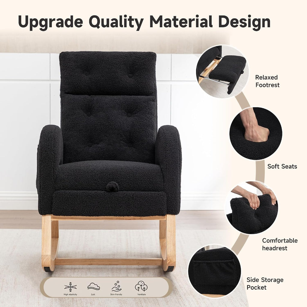 MINCETA Nursery Rocking Chair with Retractable Footrest, Teddy Fabric Upholstered Glider Rocker with High Backrest, Modern Accent Chair with Solid Wood Legs for Baby Room Living Room, Black