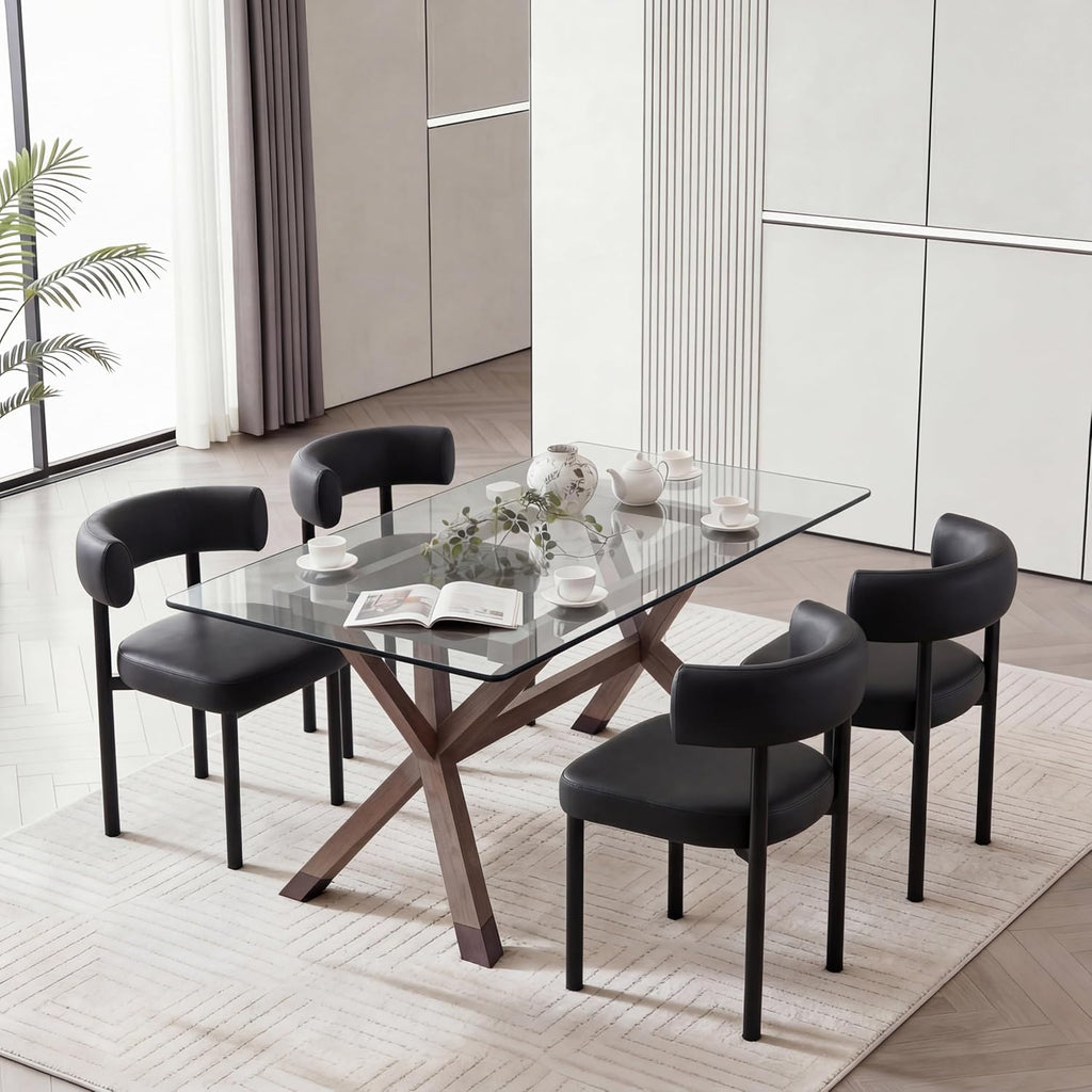 Dining Chairs Set of 2, Mid-Century Dining Room Chair, Carbon Steel Legs, Upholstered Seat, Textured Leather, Ergonomic Curved Backrest, Modern for Kitchen, Restaurant, Black