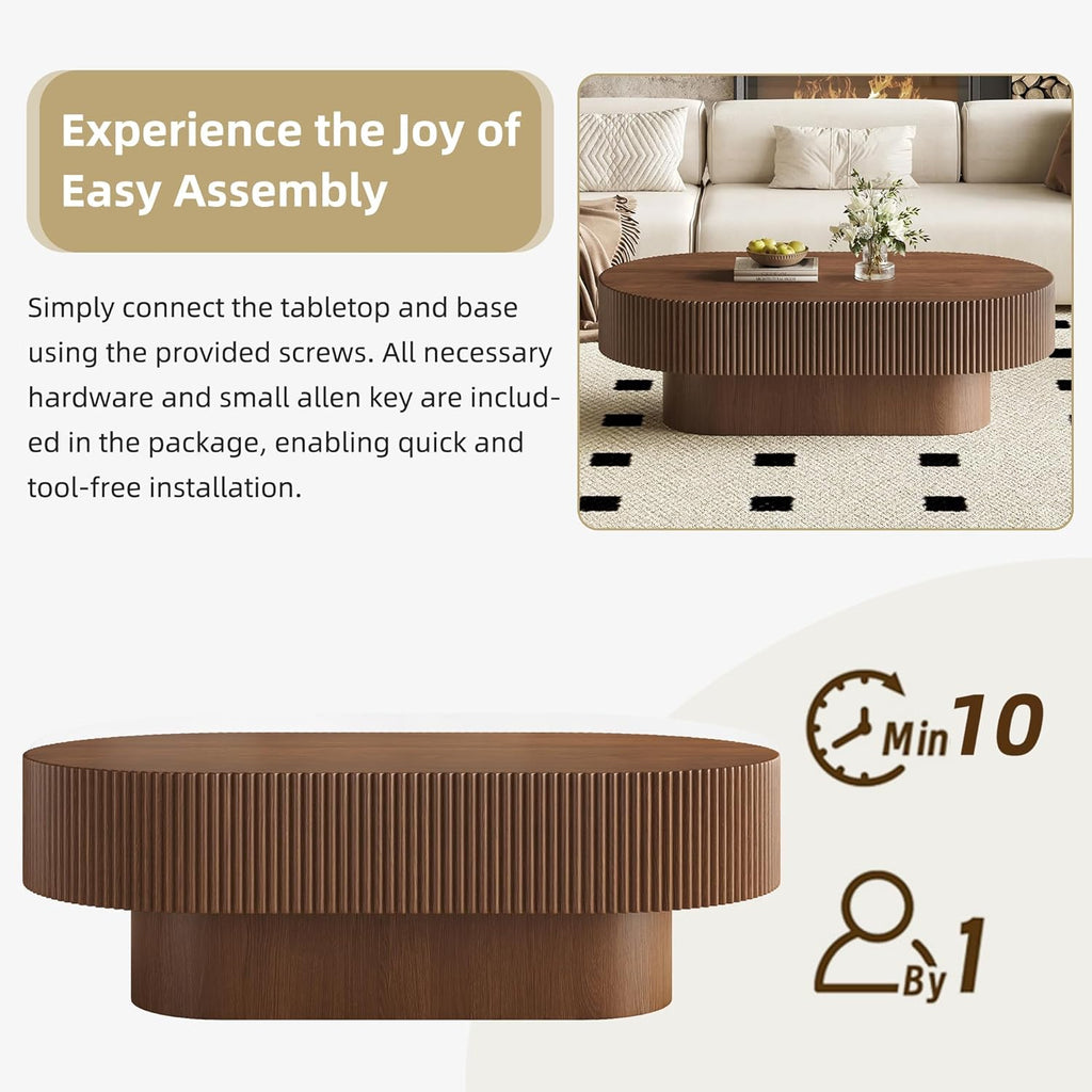 Merax Modern Oval Coffee Table with Sturdy Base, Wood Minimalist Fluted Center End Tables for Living Room Reception Room, Easy Assemble,Walnut