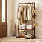 Freestanding Coat Rack Solid Wood with 2 Shelves & 5 Hooks, Heavy Duty Hall Tree for Hanging Clothes, Hats & Accessories – Hallway Bedroom Storage