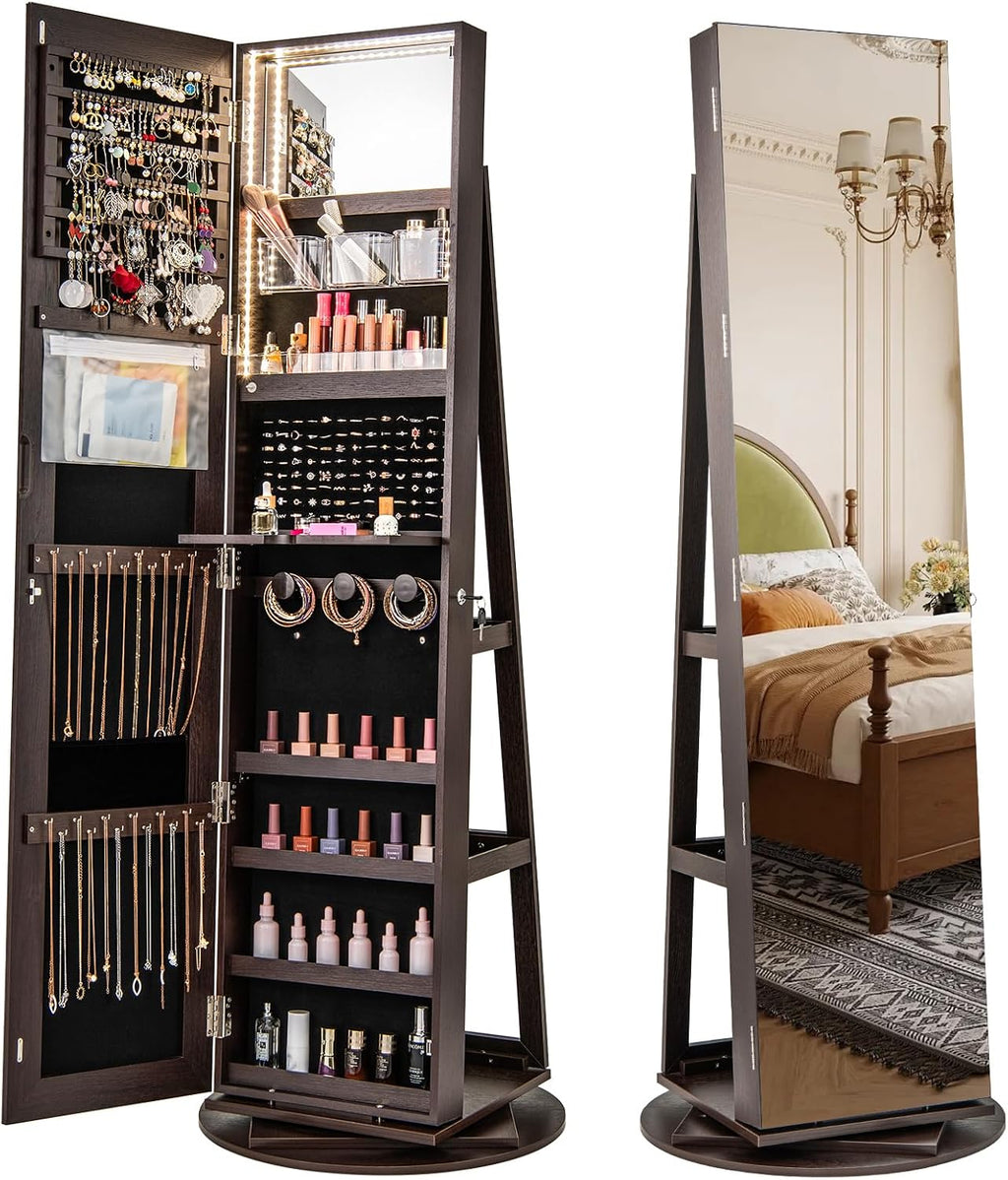 CHARMAID 360° Swivel Jewelry Armoire with Full Length Mirror, Rear Storage Shelves, Lockable Standing Jewelry Cabinet Organizer with Interior Vanity Mirror and 3-Color Lights (Espresso)
