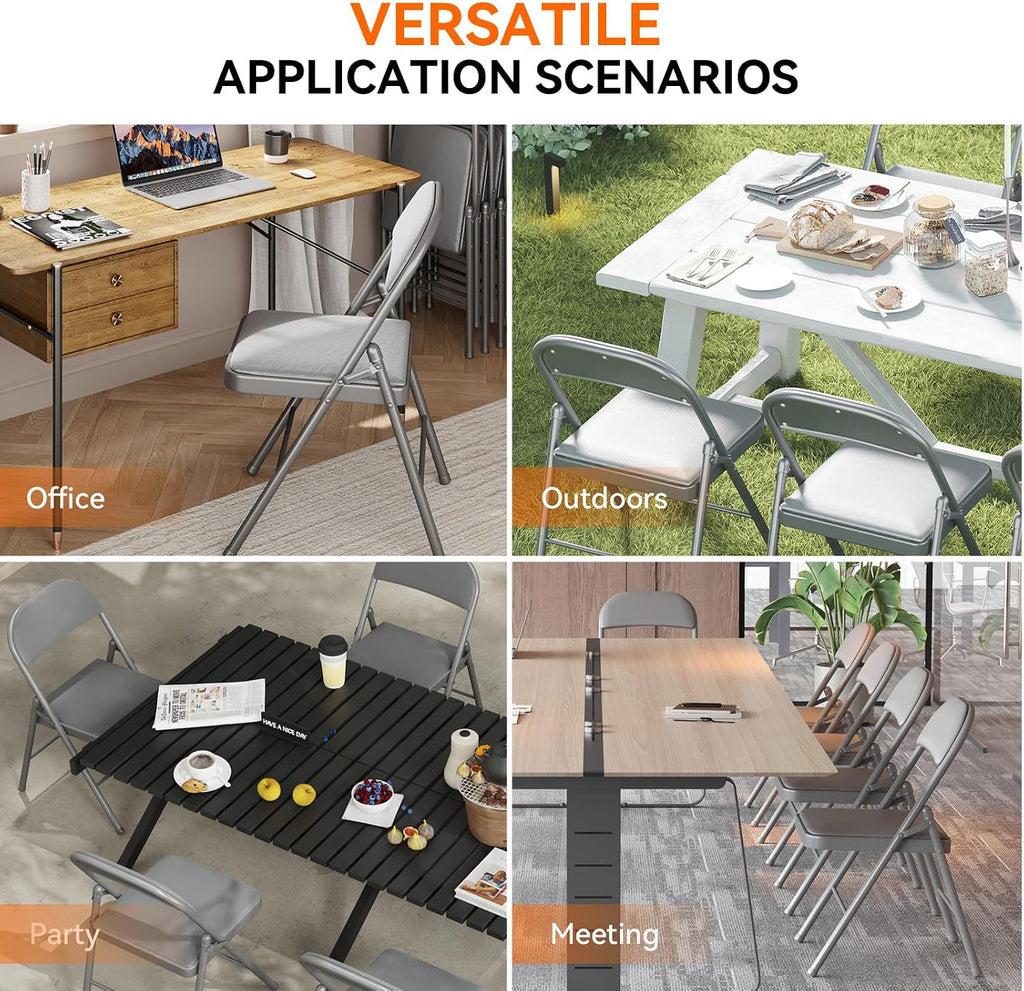 SKONYON Padded Folding Chairs Set of 6, 450LBS, PU Cushion, Gray | 6 pack gray folding chairs with cushioned seat & back, heavy duty steel frame, for party, dining & bulk event seating