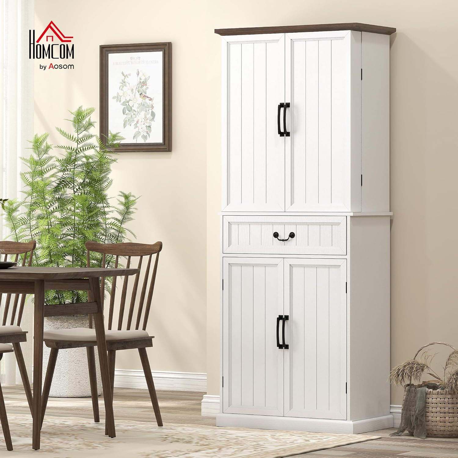 HOMCOM 71" LED Kitchen Pantry Cabinet, Farmhouse Tall Freestanding Storage Cabinet with Door Shelves, Adjustable Shelves and Drawer for Kitchen and Dining Room, Distressed White