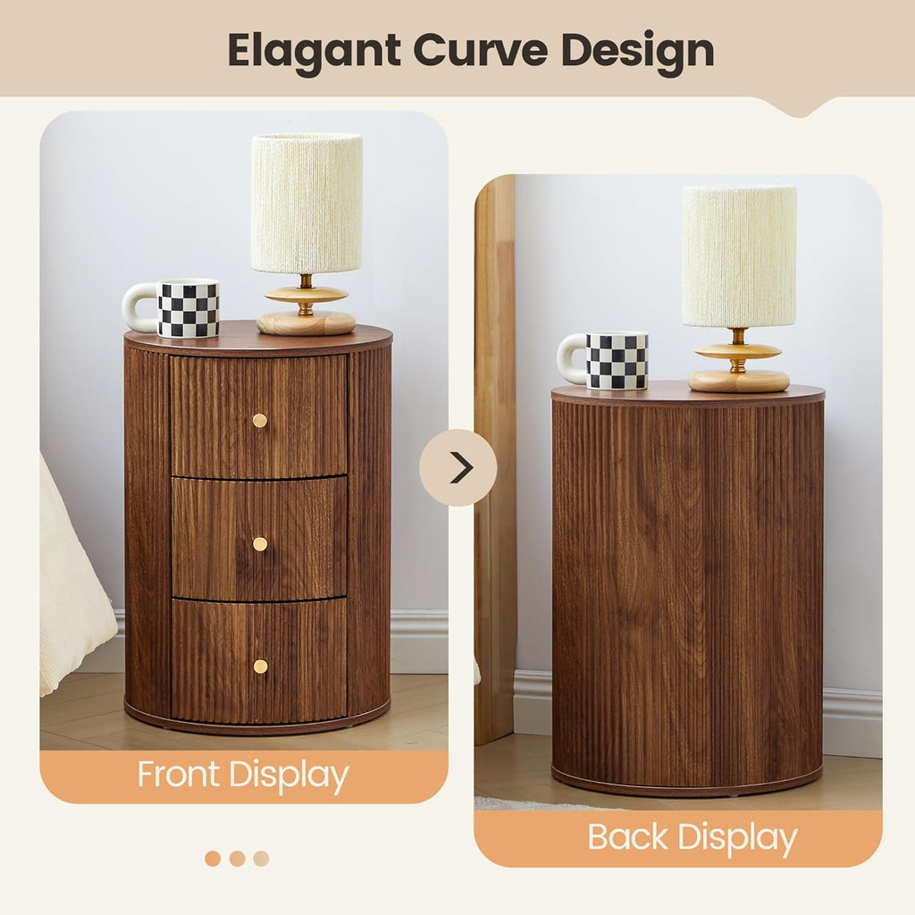 FurSch Fully Assembled Round End Table with 3 Storage Drawers, 15.75”Mid Century Side Table for Living Room, 3 Drawers Nightstand for Bedroom, Circle Sofa Bedside Table (Walnut-Round, 1 PC)