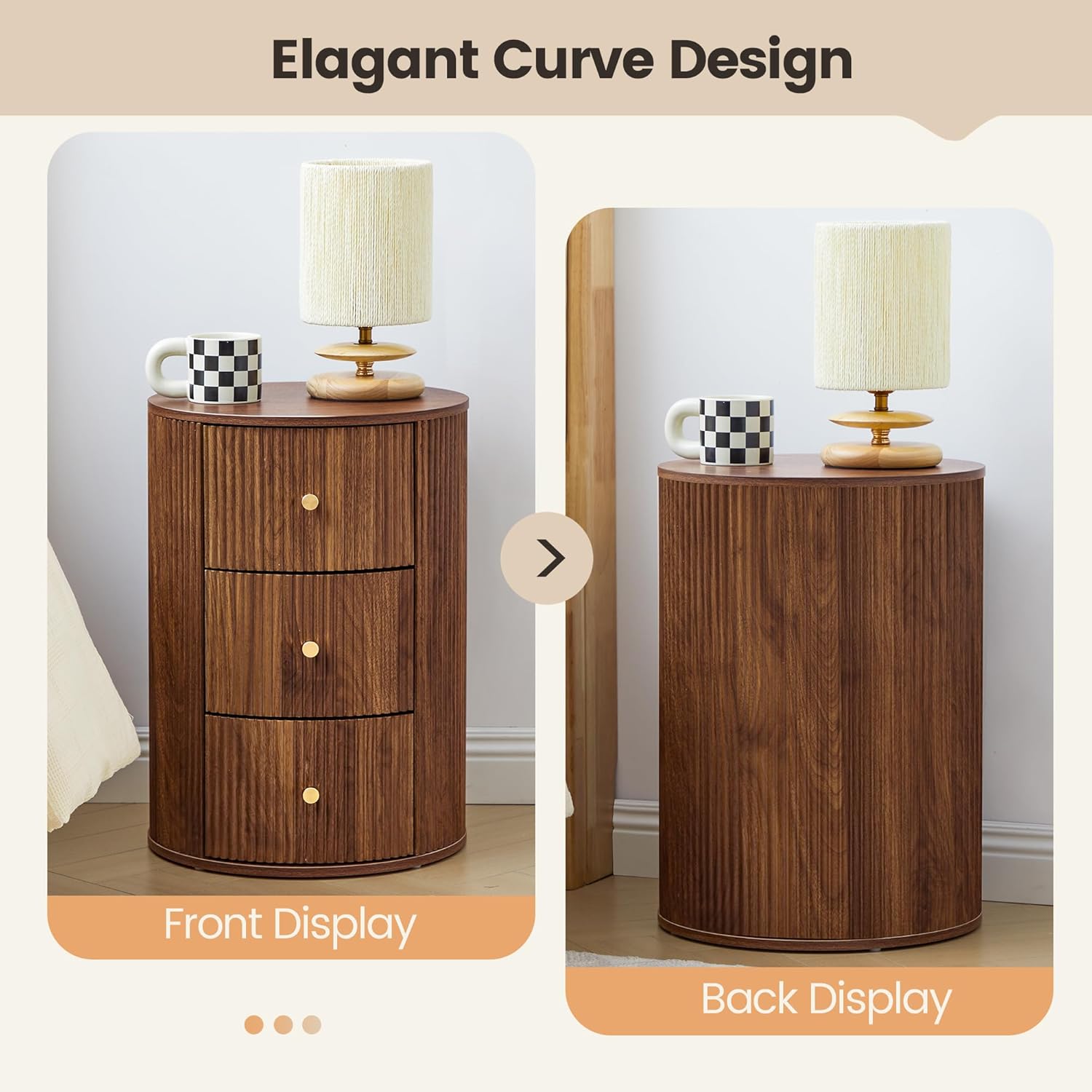 FurSch Fully Assembled Round End Table with 3 Storage Drawers, 15.75”Mid Century Side Table for Living Room, 3 Drawers Nightstand for Bedroom, Circle Sofa Bedside Table (Walnut-Round, 1 PC)