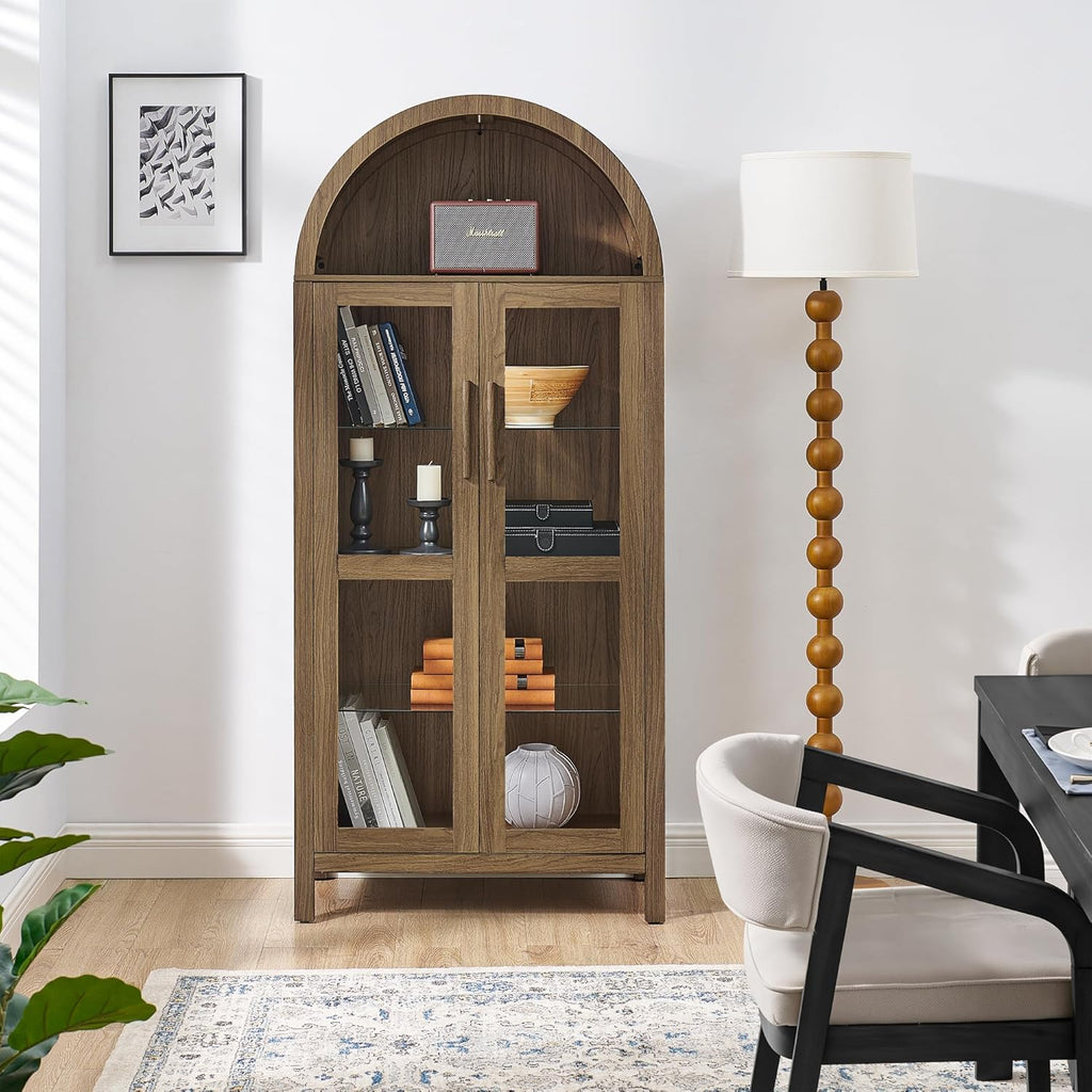 67" Arched Cabinet with Glass Doors: Pantry Cabinets for Kitchen Storage,Modern Retro Style Wooden,Book Display Shelf with Adjustable Glass Partitions & Light - for Kitchen,Entryway