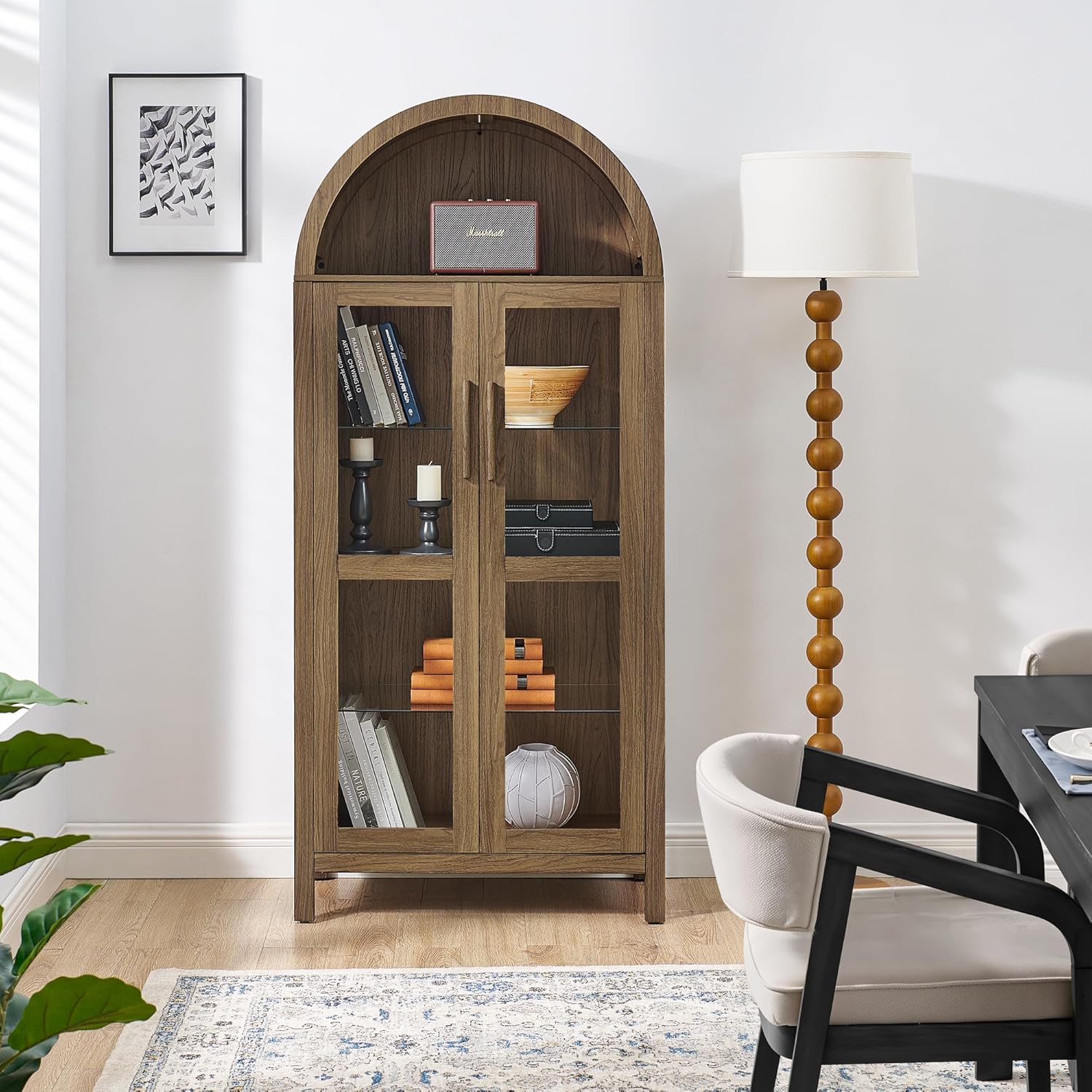 67" Arched Cabinet with Glass Doors: Pantry Cabinets for Kitchen Storage,Modern Retro Style Wooden,Book Display Shelf with Adjustable Glass Partitions & Light - for Kitchen,Entryway