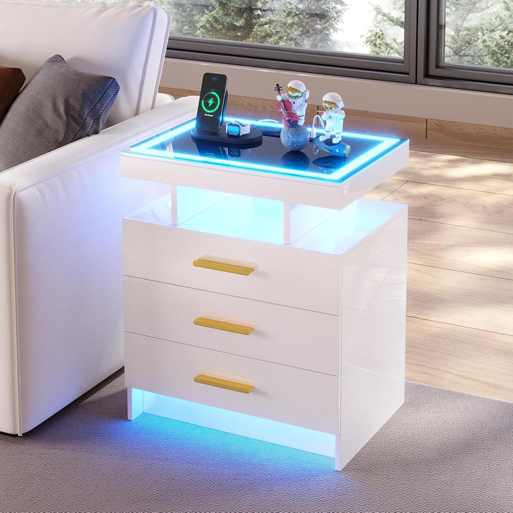 HNEBC LED Nightstand with 3 Color Motion Sensor Lights for Bedroom,White | Smart Bedside Table with USB-C Charging Station,3 Drawers,Tempered Glass Top,High Gloss Night Stand for Living Room,Office