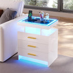 HNEBC LED Nightstand with 3 Color Motion Sensor Lights for Bedroom,White | Smart Bedside Table with USB-C Charging Station,3 Drawers,Tempered Glass Top,High Gloss Night Stand for Living Room,Office