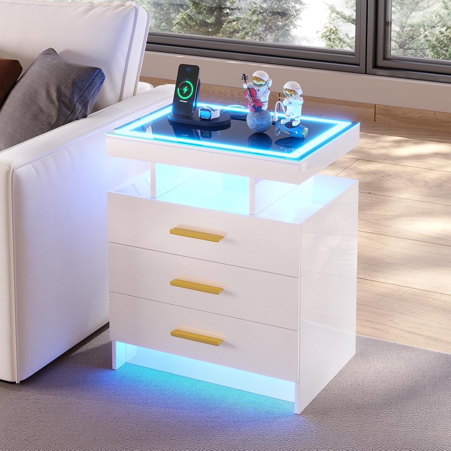 HNEBC LED Nightstand with 3 Color Motion Sensor Lights for Bedroom,White | Smart Bedside Table with USB-C Charging Station,3 Drawers,Tempered Glass Top,High Gloss Night Stand for Living Room,Office