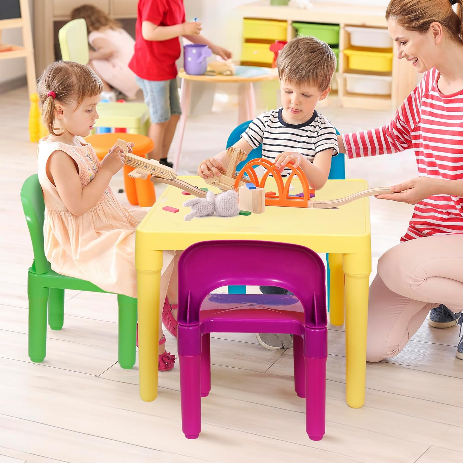 ZENY Kids Plastic Table and 4 Chairs Set, Multicolor Play Room Furniture for Reading, Train, Art, Crafts, Play
