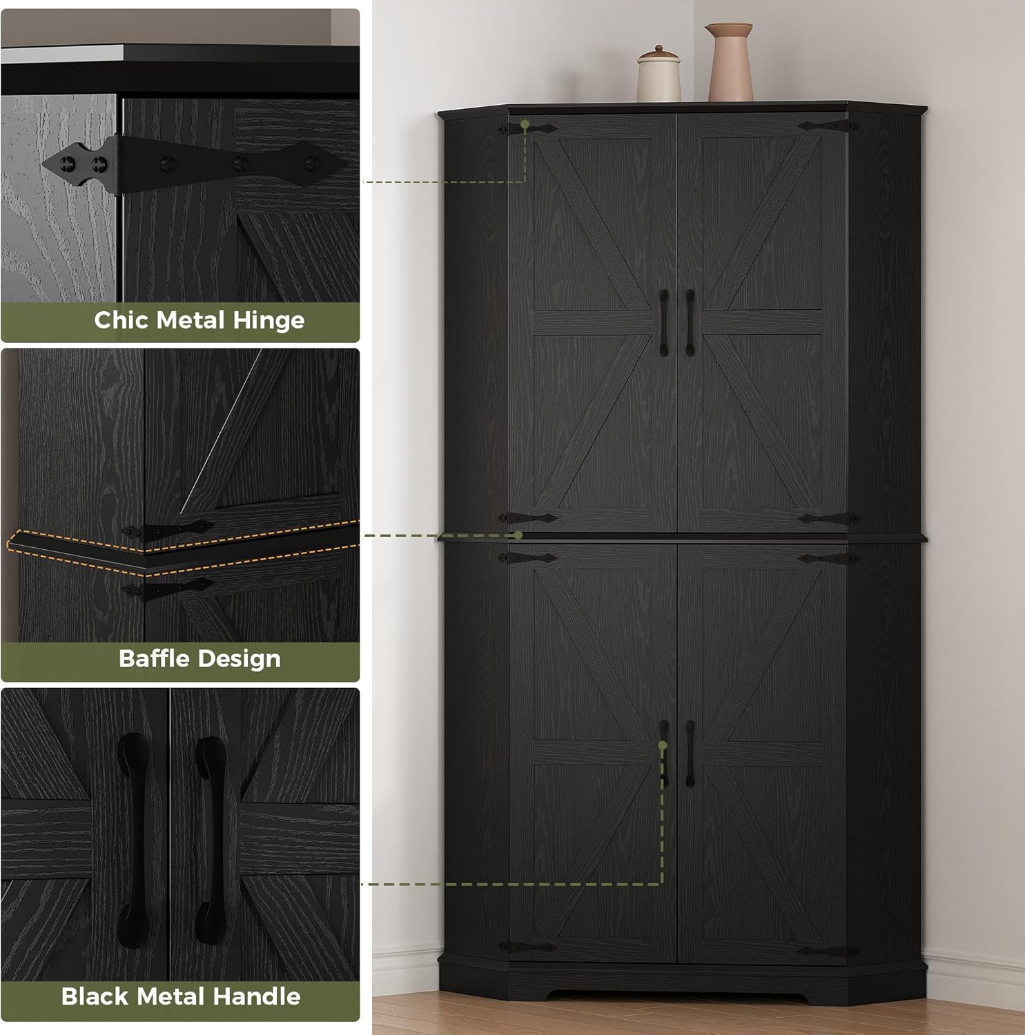 IRONCK Corner Cabinet, 72" Kitchen Pantry Cabinet, 6-Tier Freestanding Farmhouse Pantry with 2 Adjustable Shelves, 240°Swivel Doors, 2 Doors Storage, Spacious Hutch for Kitchen, Living Room, Black