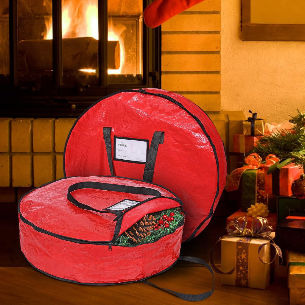 ProPik Christmas Wreath Storage Bag 24" - Garland Holiday Container with Tear Resistant Material - Featuring Heavy Duty Handles and Transparent Card Slot - 2 Pack (24 Inch, Red)