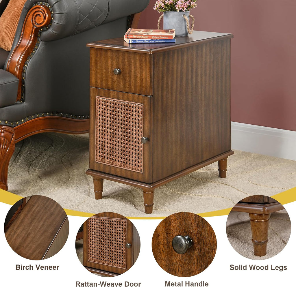 Solid Wood Rattan Narrow End Table, Narrow Nightstand with Drawer and Storage Tier Vintage Walnut Rattan Side Table Compact Bedside Table for Corner Small Space Bedroom, 22" Dx11.8 Wx22.8 H