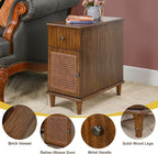 Solid Wood Rattan Narrow End Table, Narrow Nightstand with Drawer and Storage Tier Vintage Walnut Rattan Side Table Compact Bedside Table for Corner Small Space Bedroom, 22" Dx11.8 Wx22.8 H