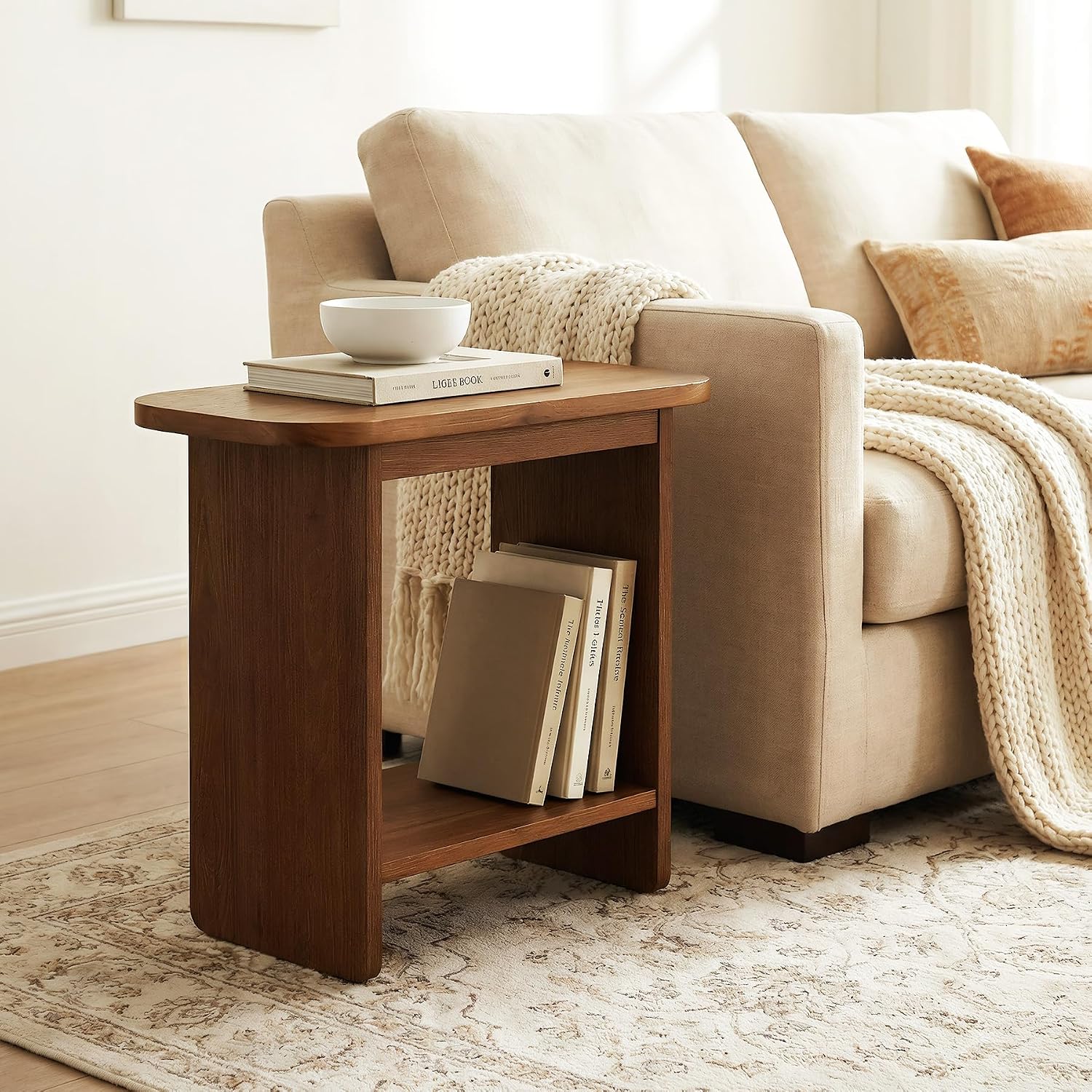 Genuine Solid Wood Side Table Set of 2, H-Shaped 2-Tier End Table with Storage Shelf, Farmhouse Narrow Nightstand for Living Room, Bedroom, Couch & Armchair (2 Products)
